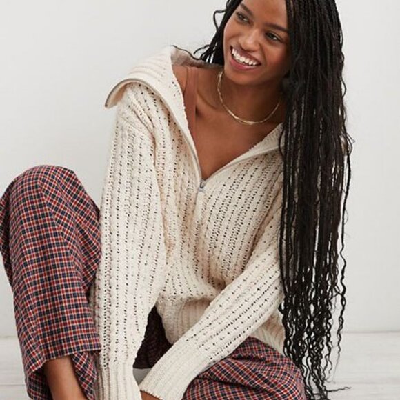 Aerie Cable Car Quarter Zip Sweater Cream Size Small - Picture 2 of 7